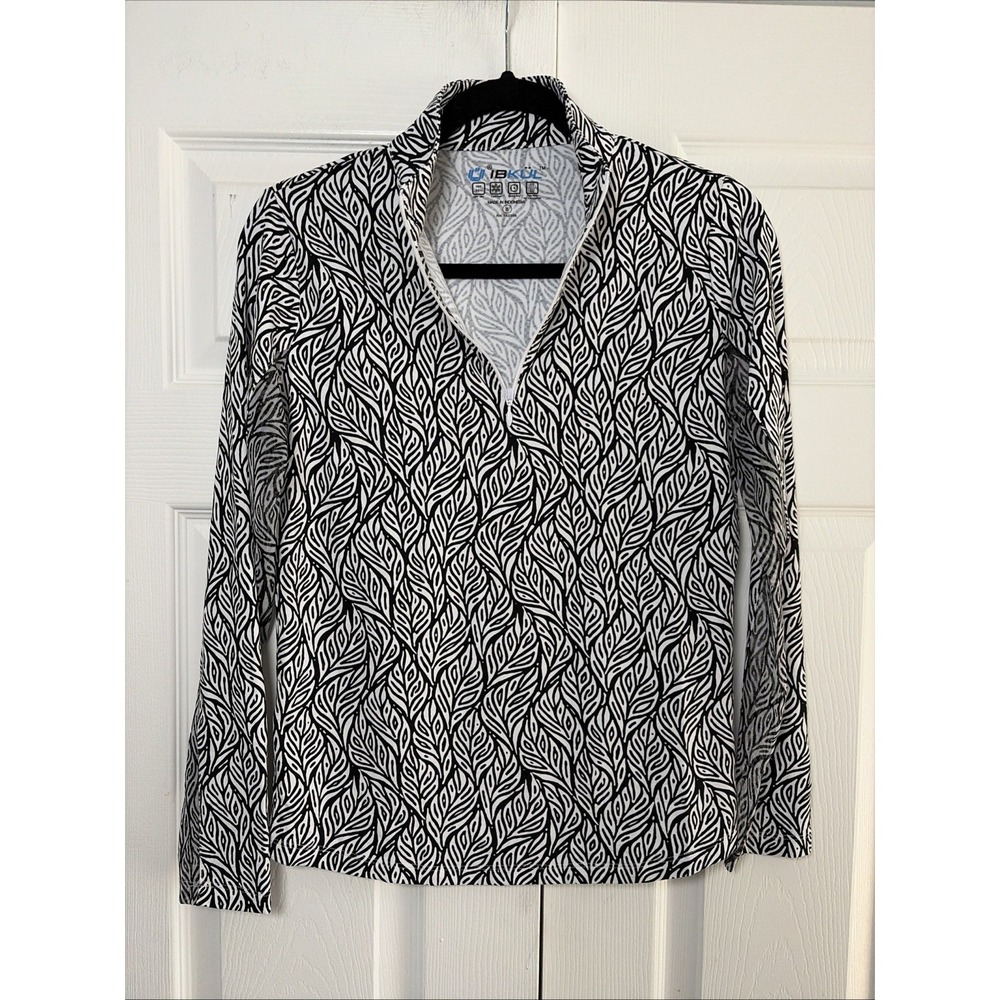 IBKUL Sun Protection Mock Neck Top Womens Size S Black White Leaf Print UPF 50+